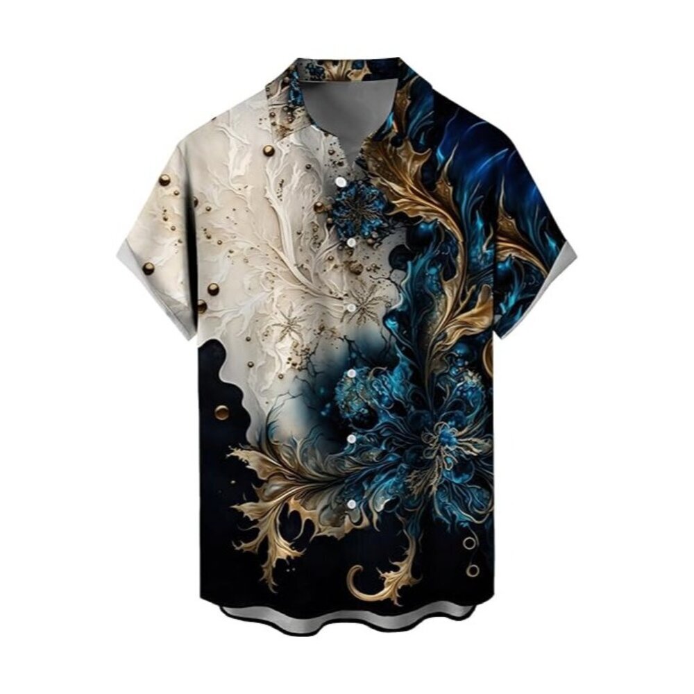 Royaura color block blue, gold & white Hawaiian shirt, size XXL